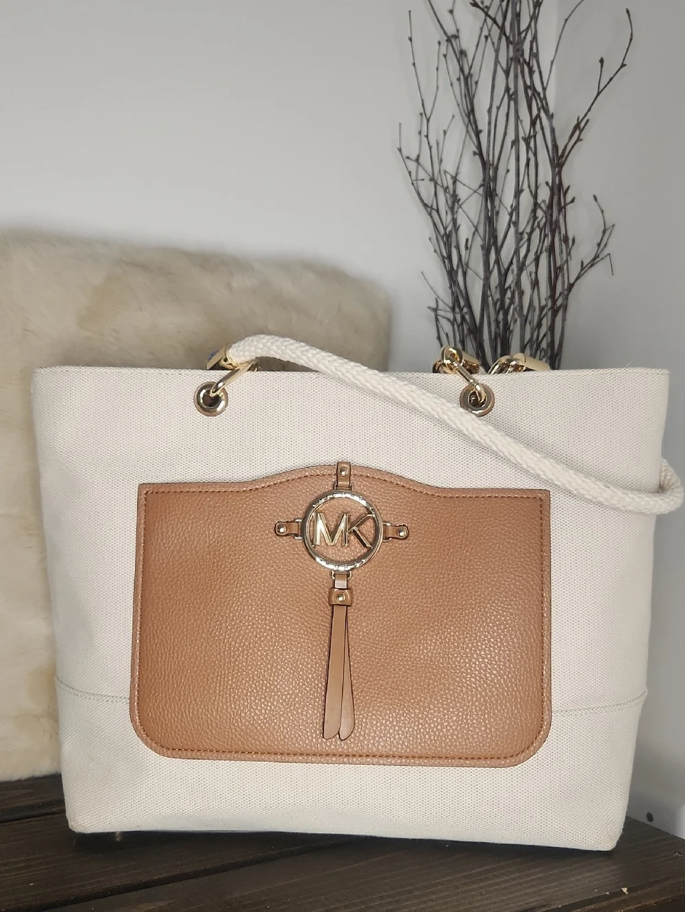 Michael Kors Cream Canvas Tote with Tan Leather Pocket